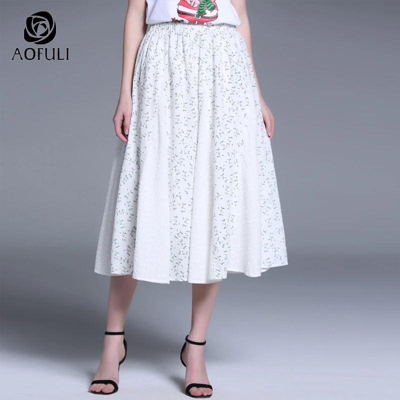 AOFULI S ~ XXXL 4XL Плюс Размер трапециевидная летняя юбка миди 2019 до середины икры с
