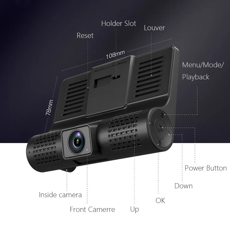 4 дюймов Full HD 1080p Dash Cam камера заднего вида три объектива Автомобильный dvr