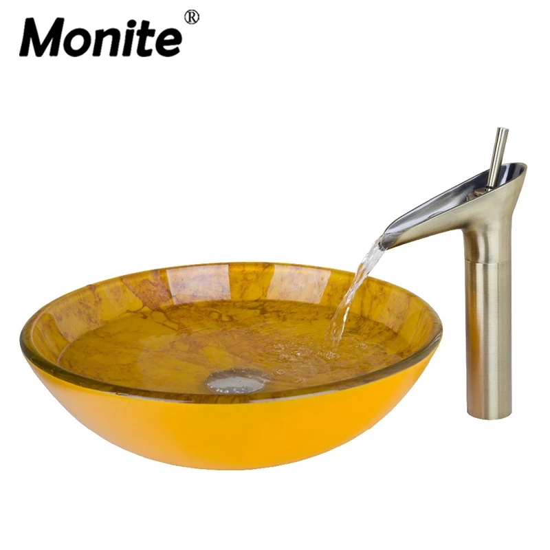 

Monite Artist Tempered Glass Bathroom Designer Vessel Sink Basin Bowl With the Nickel Brushed Faucet And Pop Up Drain Sink Set