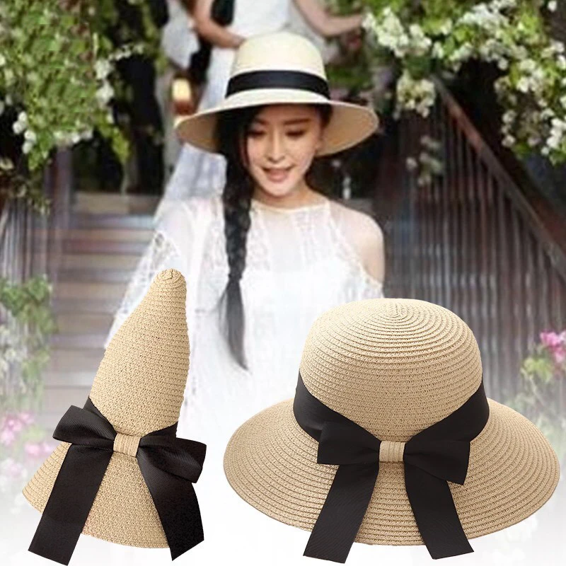 

Mingjiebihuo New Fashion Spring Summer Bow Ribbon Beach Sun Hat Tide Outdoor Vacation Sunscreen Straw Hat