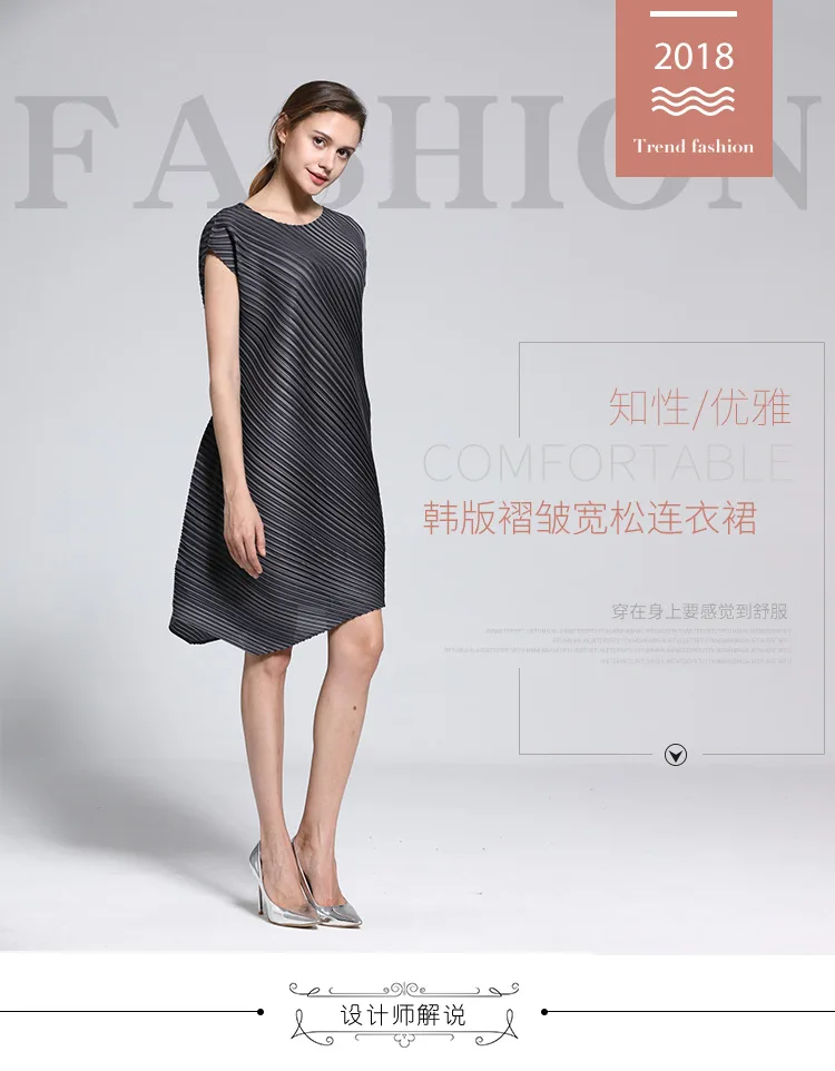 HOT SELLING Miyake  fashion fold solid  short sleeve o-neck Asymmetrical dress IN STOCK