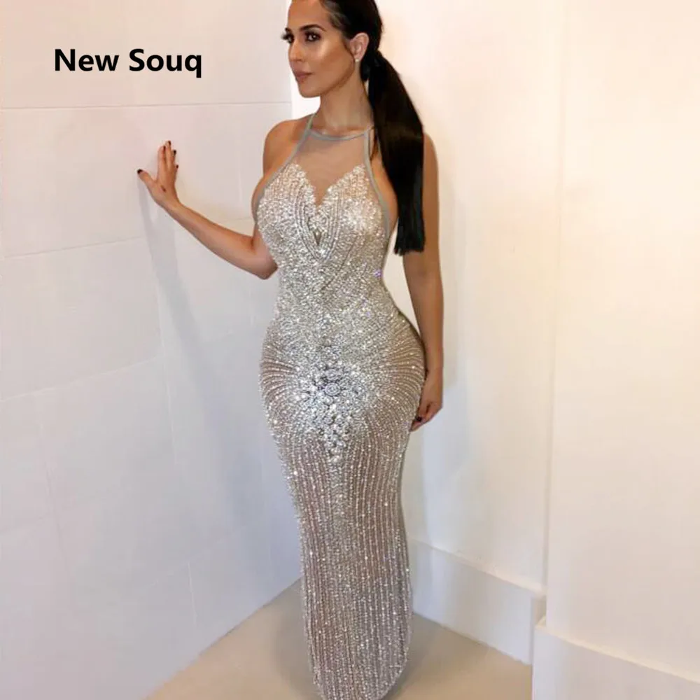 

Stunning Crystal Sequined Mermaid Prom Dresses Sexy Halter Backless Prom Dress Middle East Dubai Prom Gowns Robe De Soiree