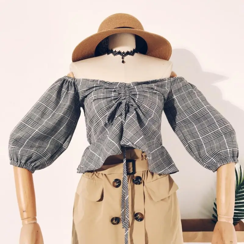 2018 новые модные женские blusas Осень ретро плед slash шеи короткий блузка рубашка