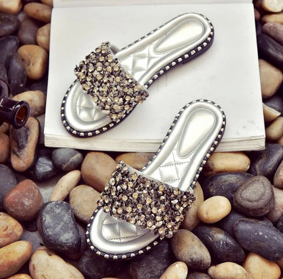 2018 Summer New Women's Slippers Handmade Bling Rivets Nice Look Soft and Comfortable Low-heeled Female | Обувь