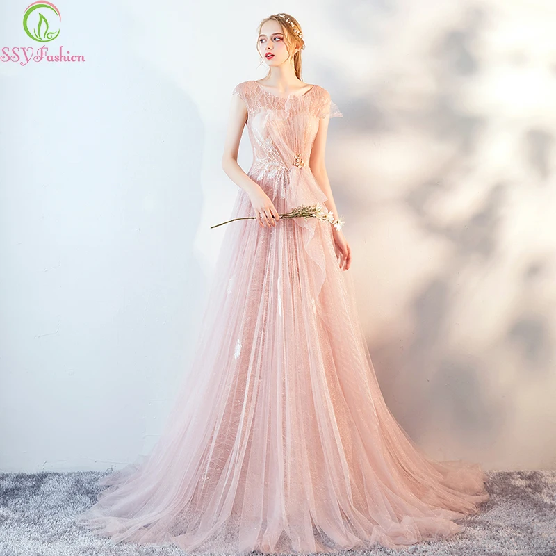 Женское длинное вечернее платье SSYFashion элегантное розовое кружевное бальное со