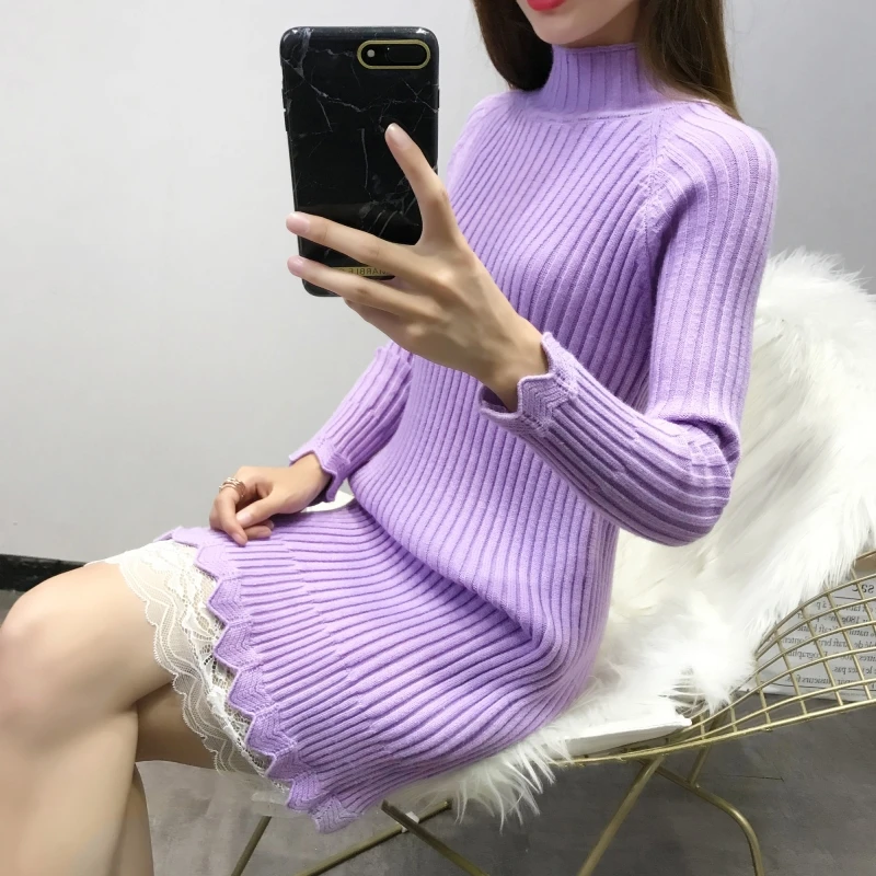 Lace Patchwork Knitted Cotton Sweater Dresses Bottom Knitwear Women Vintage Loose Turtleneck Pullover Femme LJ0930 | Женская одежда