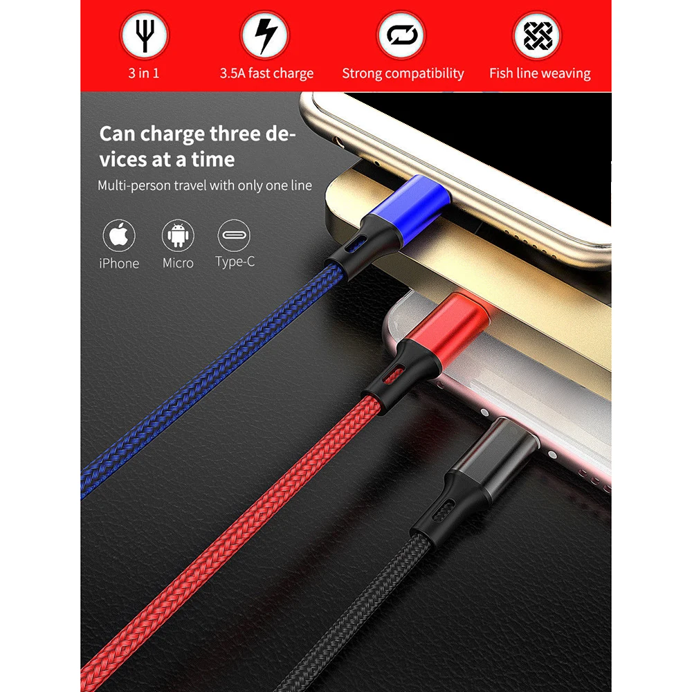 Высокое качество 3 в 1 Micro USB/type C/IOS Быстрая зарядка зарядное устройство кабель синхронизации данных Шнур для Iphone/HUAWEI/Xiaomi/samsung
