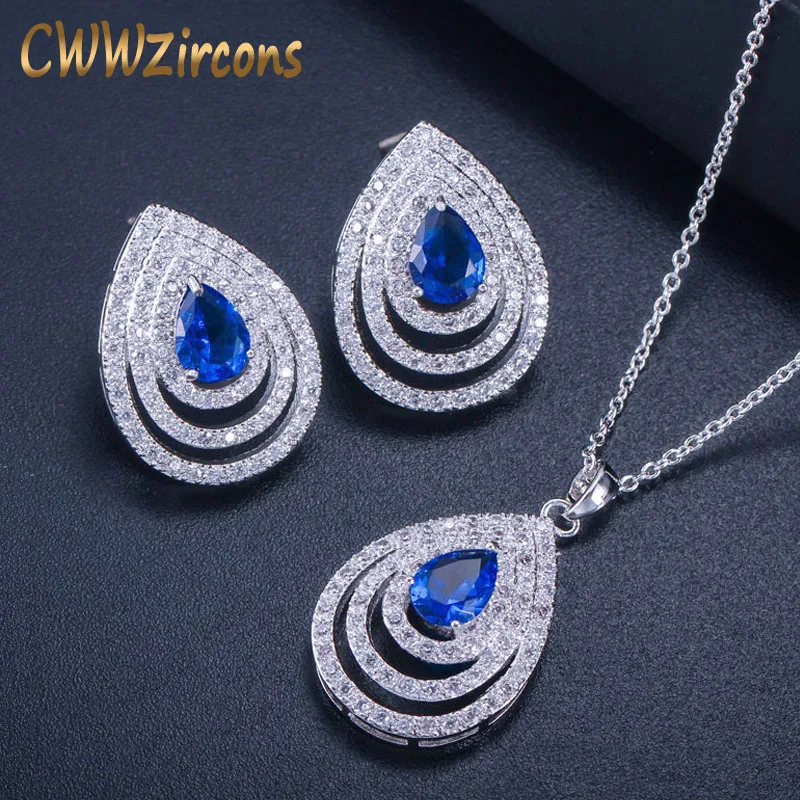 CWWZircons 2021 новейшая большая капля воды синий CZ серьги ожерелье микро проложить