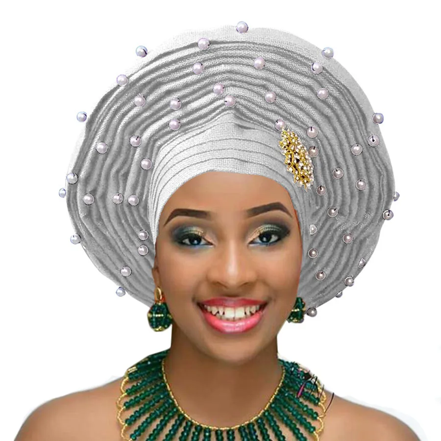 Африканский геле уже heatie Aso oke головной убор с бисером Африканский головной убор для женщин - Цвет: white