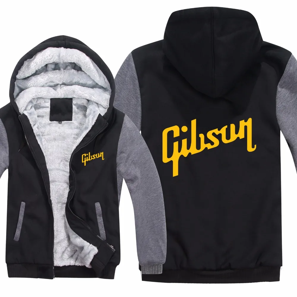 Фото Зимняя Теплая мужская толстовка на молнии с логотипом бренда Gibson, флисовая утепленная куртка для фанатов музыки №1