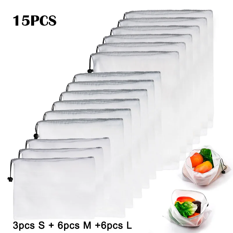 02 15pcs 15 шт многоразовые сетчатые мешки для овощей и фруктов, моющиеся экологически чистые сумки для хранения продуктов, игрушек, мелочей - Цвет: 02 15pcs