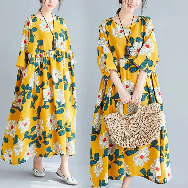 Женское платье из хлопка и льна NYFS винтажное удобное длинное с принтом лето 2020 |