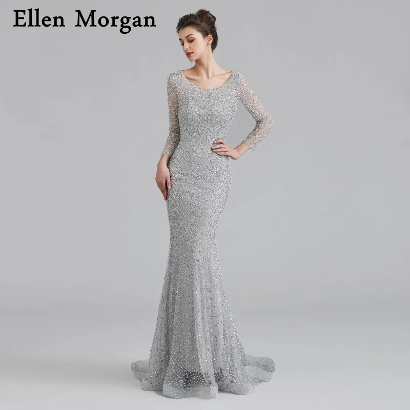 Серые вечерние платья без спинки с длинным рукавом 2019 Robe De Soiree Дубай Кафтан