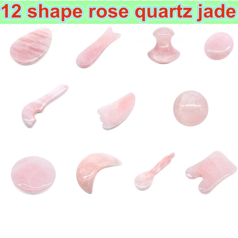 

12shapes Massager Natural 100% Pink Rose Crystal Quartz Guasha Yoni Egg Point Stick Massage Health Care Facial-lift Tool