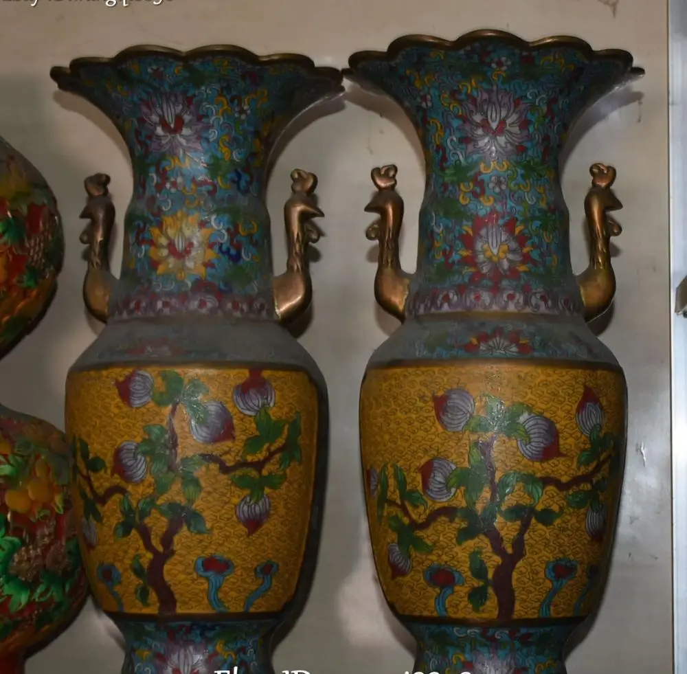 17" Cloisonne Bronze 24K Gold Gilt Peach Tree Phoenix Bottle Vase Flask Pot Pair | Дом и сад