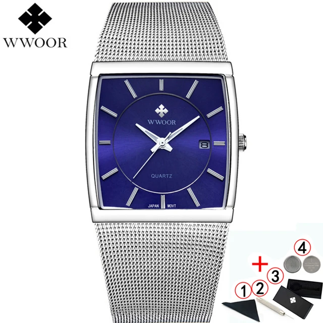 silver blue box Мужские часы Топ люксовый бренд WWOOR водонепроницаемые Бизнес Кварцевые Квадратные золотые часы мужские модные наручные часы для мужчин - Цвет: silver blue box