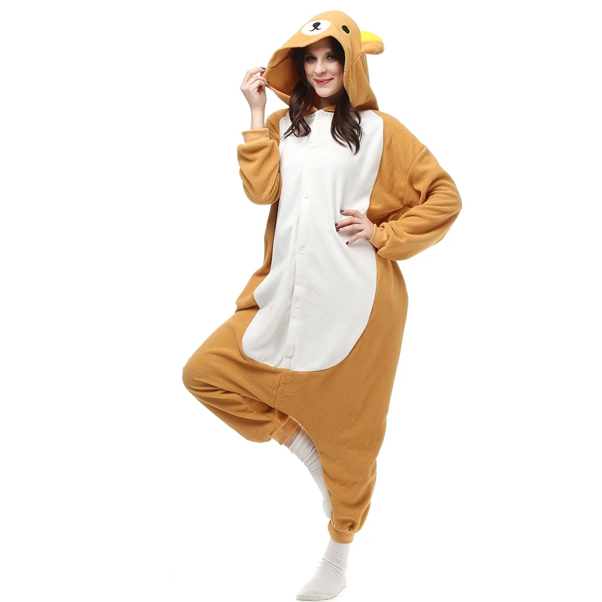 Флис кигуруми косплей костюм Rilakkuma мультфильм животных Пижама-Ползунки Хэллоуин Карнавал Маскарад одежда для вечеринок