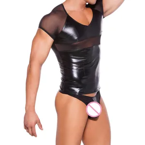 Сексуальный Комплект эротического мужского нижнего белья, кожаные прозрачные G-стринги, стринги, трусы с коротким рукавом, виниловые трусы, мужское нижнее белье