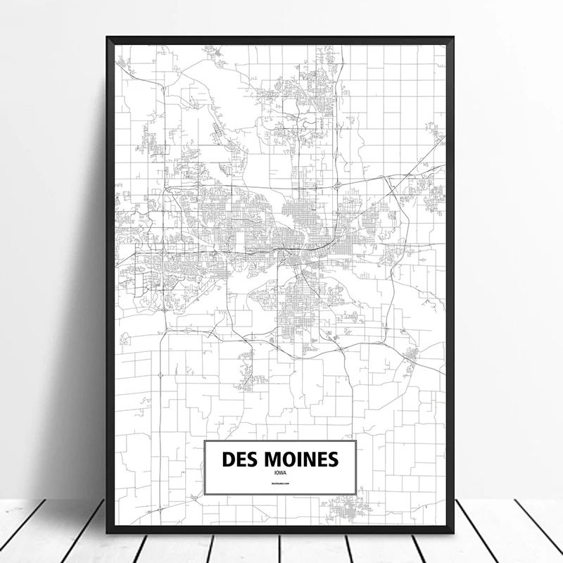 

DES MOINES, IOWA, UNITED STATES Black White Custom World City Map Poster Canvas Print Nordic Style Wall Art Home Decor