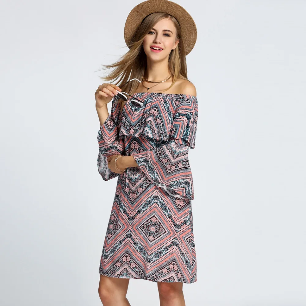 Богемный Стиль женская С Плеча Flare Рукавом Оборками Печати Casual Dress|casual dress|dress