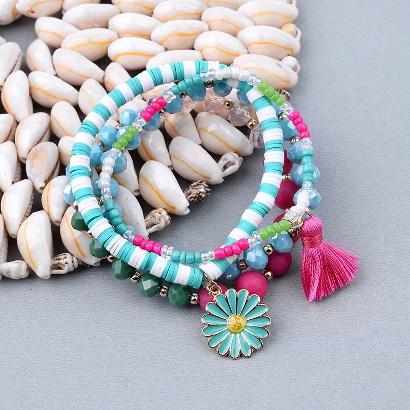 BOJIU Cute Rubber Acrylic Crystal Charm Bracelets Women Sky Blue Pink Green Red Beads Flower Tassel Set BCSET208 | Украшения и