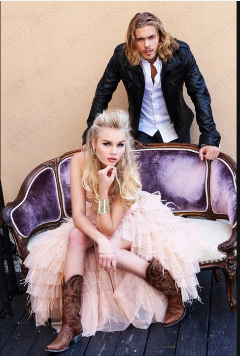 Scoop Neck Nude Color Ostrich Feather High Low Masquerade Party Gowns | Свадьбы и торжества