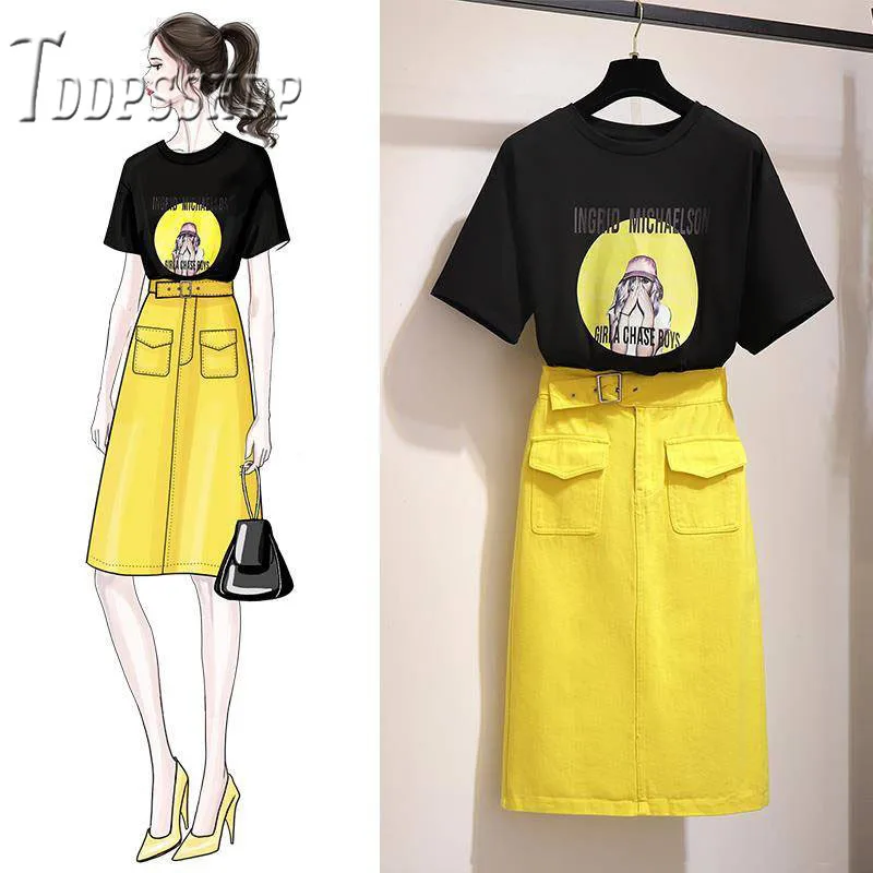 Summer Women Sets Black T Shirt and Yellow Skirt Female Sets