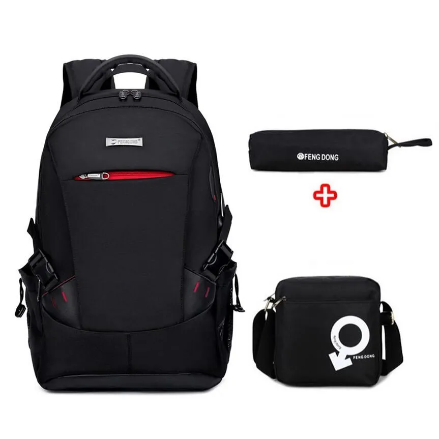 Pure Black FengDong/комплект из 3 предметов; школьные сумки для мальчиков; Детский водонепроницаемый школьный рюкзак для мальчиков; сумка для книг; школьная сумка; детская сумка-карандаш - Цвет: Pure Black