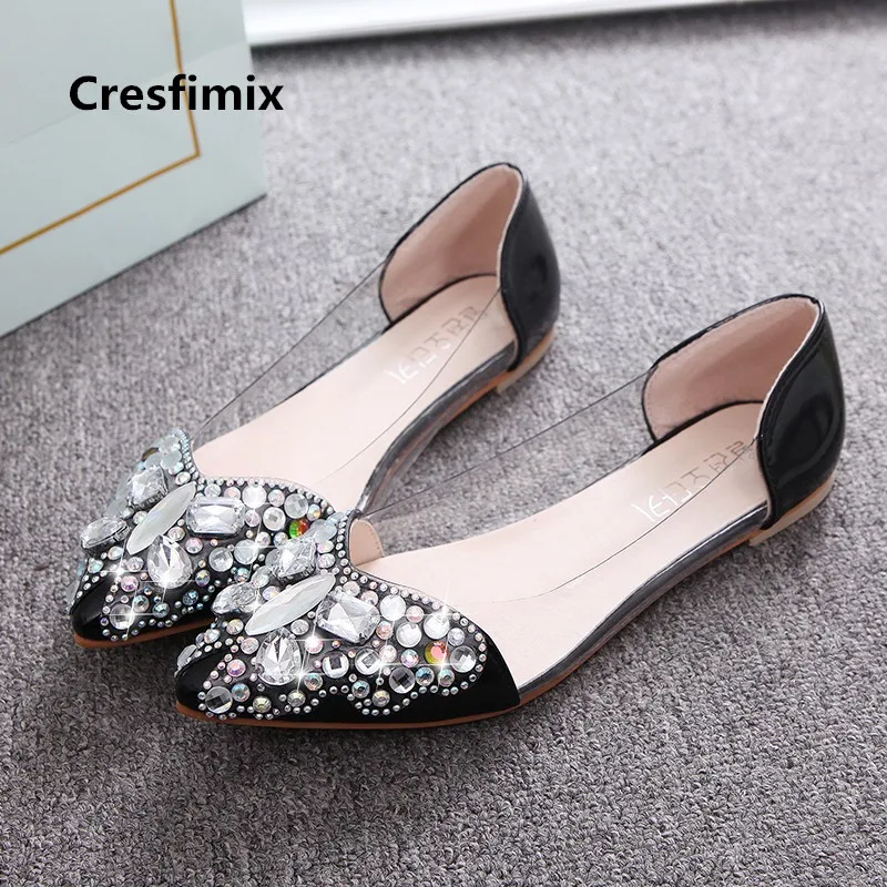 

Cresfimix Zapatos Planos De Mujer Women Fashion Black Pu Leather Flat Shoes Lady Crystal Shoes Female Sexy Party Shoes B3594