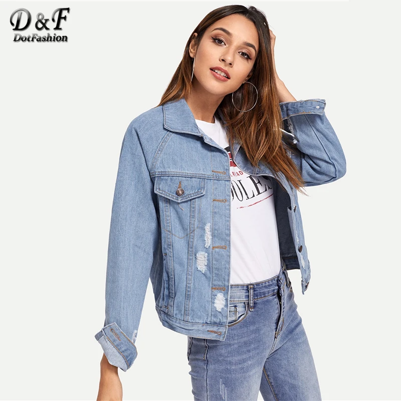 Dotfashion синяя джинсовая куртка с рукавами реглан, женские пальто и куртки, повседневная осенняя одежда, однобортная верхняя одежда