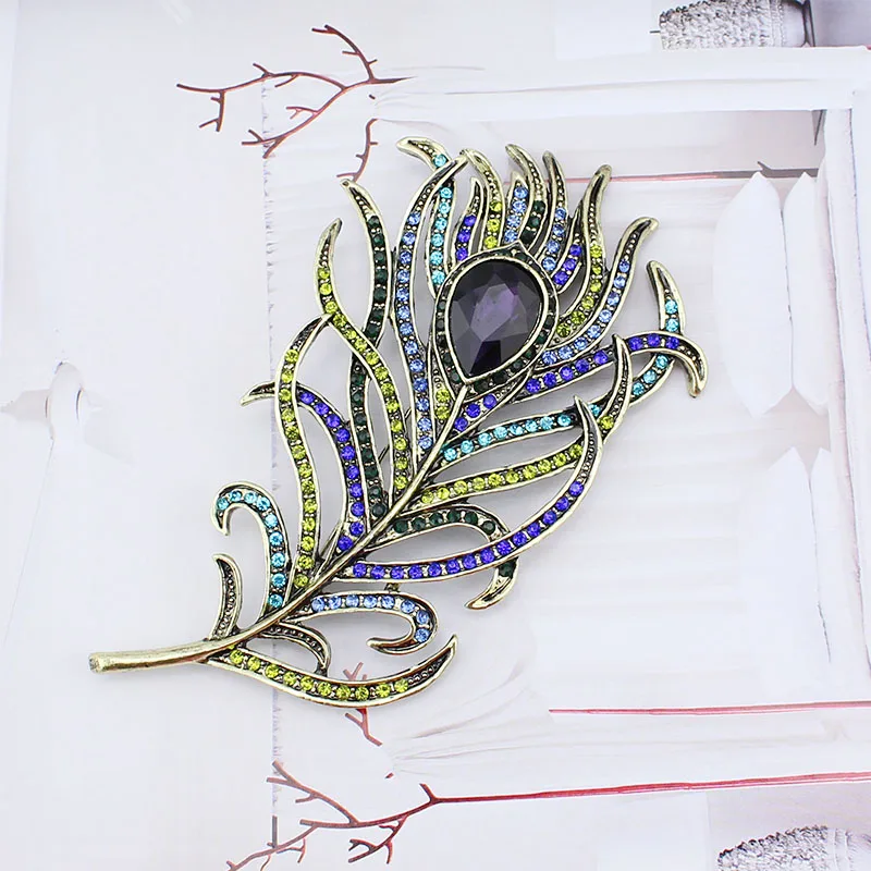 Women Vintage Feather Brooch Pin Antique Crystal Rhinestone Jewelry Accessory |