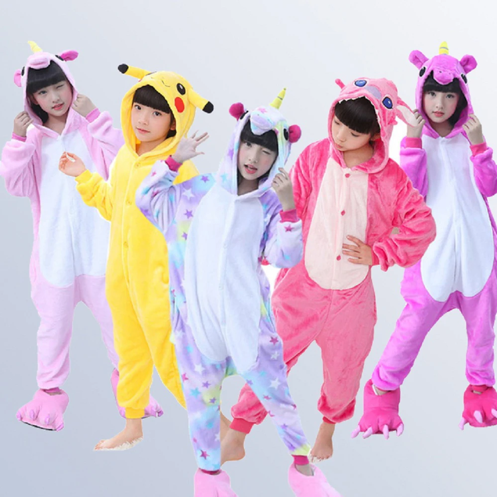 Flannel Children Pajamas Set Winter Hooded Animal Unicorn Stitch Kids For Boys Girls Sleepwear Onesies for 4 6 8 10 12 Y | Детская