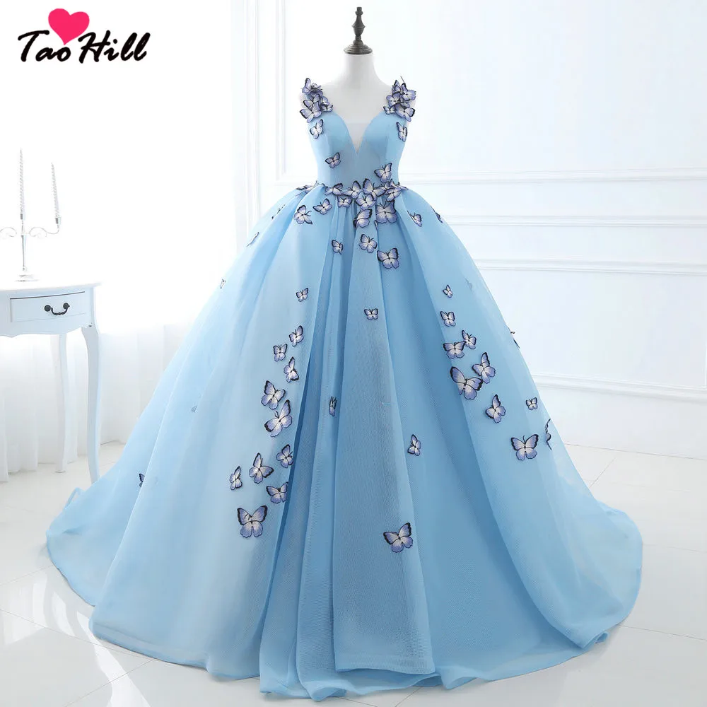 TaoHill Free Shipping Ball Gown Deep V-neck Sky Blue Evening Dress Straps With Butterfly Flowers Princess Party Dresses | Свадьбы и