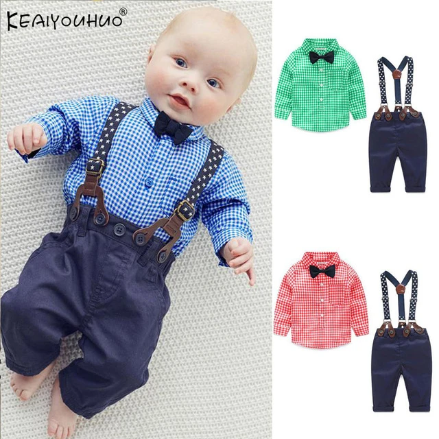 2017 модная одежда для маленьких мальчиков рубашка в клетку + подтяжки Одежда