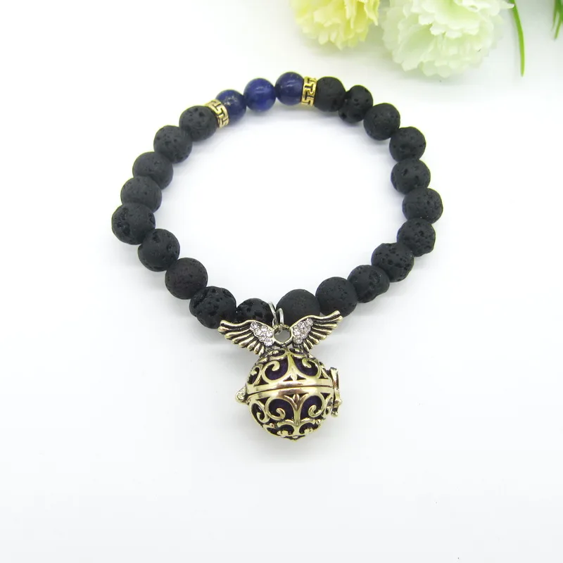 Бусины из черной лавы и цветные камни с милым медальоном сделай сам модные