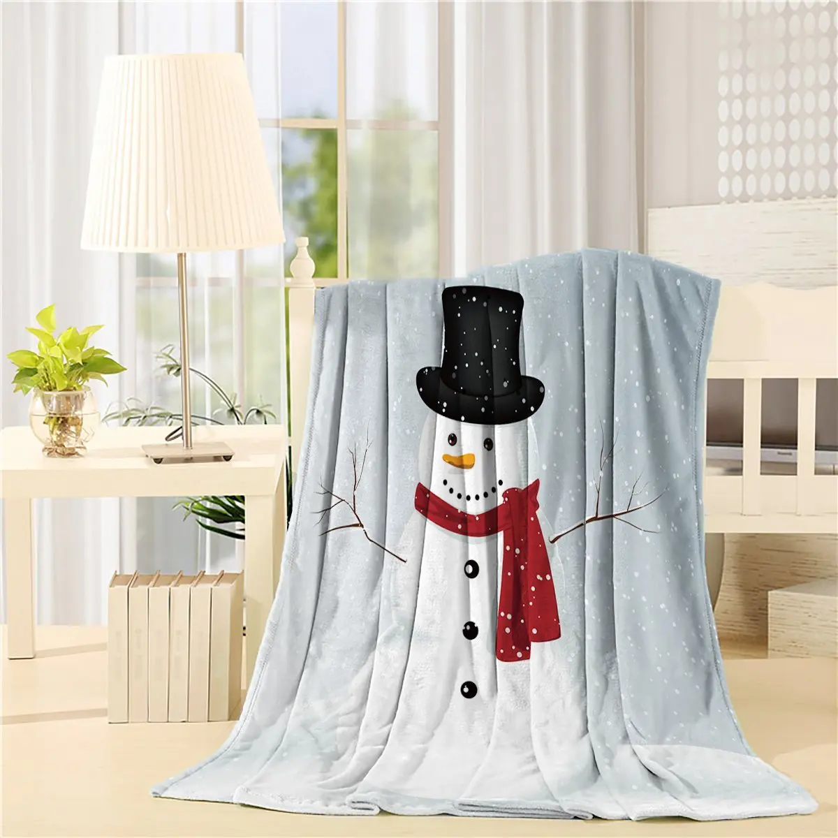 Одеяло Белый Рождественский Снеговик ветка руки печати современный дом Книги по