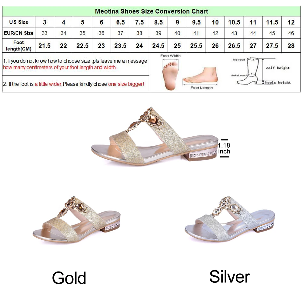 Meotina/Туфли Летние женские босоножки стразы женские шлепанцы с открытым носком на низком каблуке шлепанцы без задника с открытыми пальцами сандалии со стразами; Цвета: золотистый, Серебристый; большой размер(9, 10