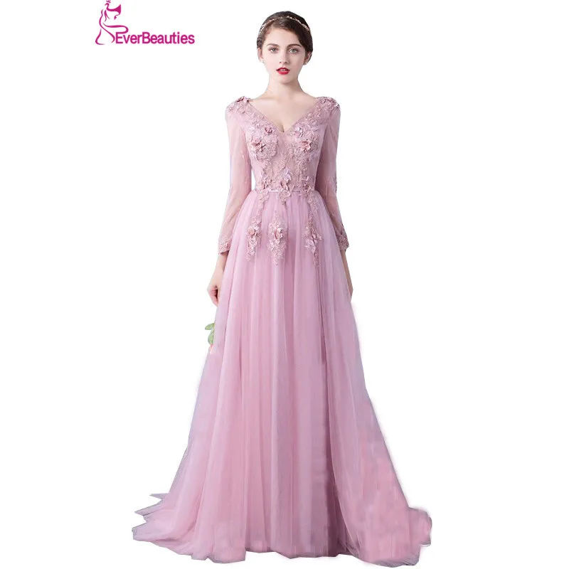 Женское вечернее платье с длинным рукавом розовое Тюлевое А силуэта цветочным