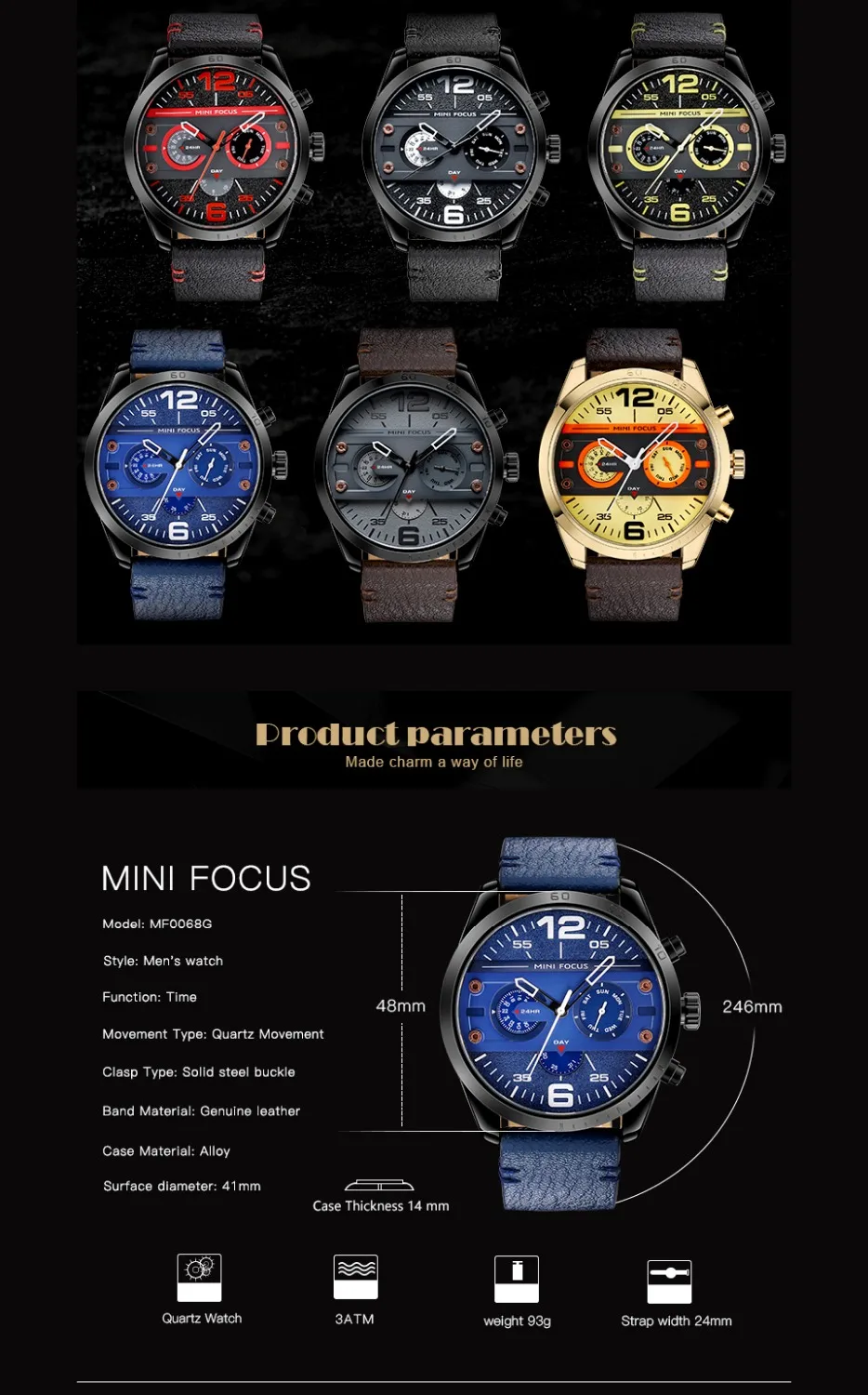 MINIFOCUS Военные Спортивные Мужские кварцевые часы из натуральной кожи ремешок 3