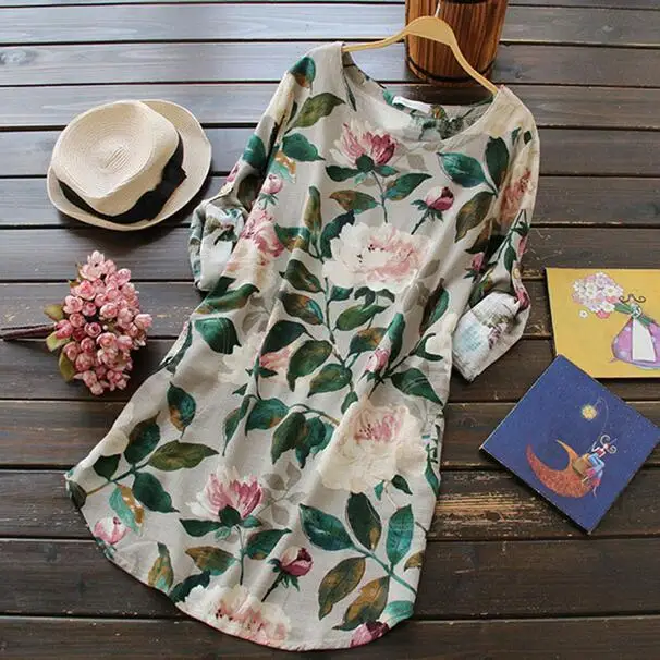 Peony flowers fresh spring green leaves print o-neck loose shirt mori girl AH586 |