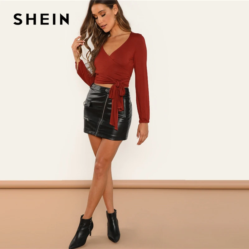 SHEIN Короткая Блузка С Глубоким V-Образным Вырезом Женские Богемные Блузки С Длинными Рукавами И Поясом