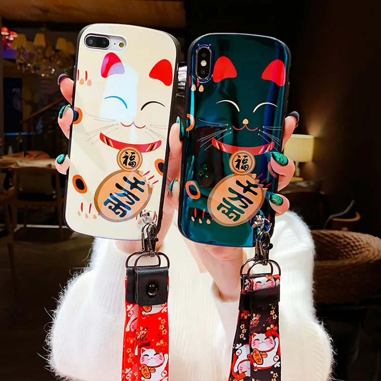 For iphone 11 Pro Fortune Cat Shield Case Lucky Soft cover XS max X XR 6 6s 6sp 7 8 plus Maneki Neko +straps |