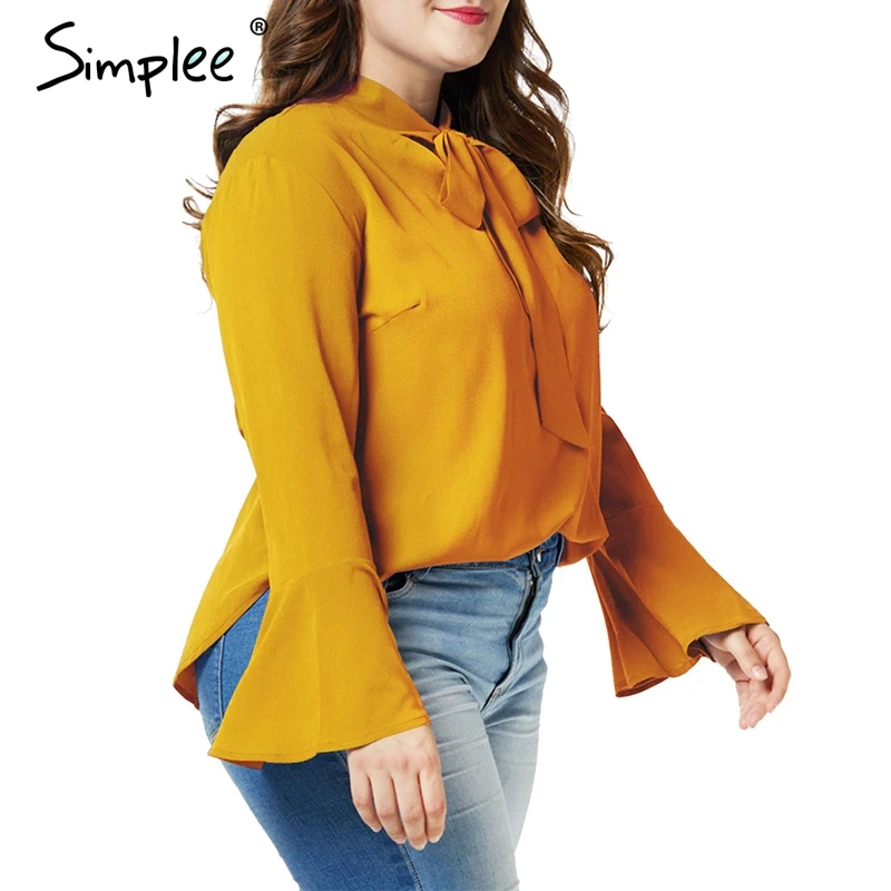 Simplee одноцветное Большие размеры Женщины блузка рубашка с длинным рукавом