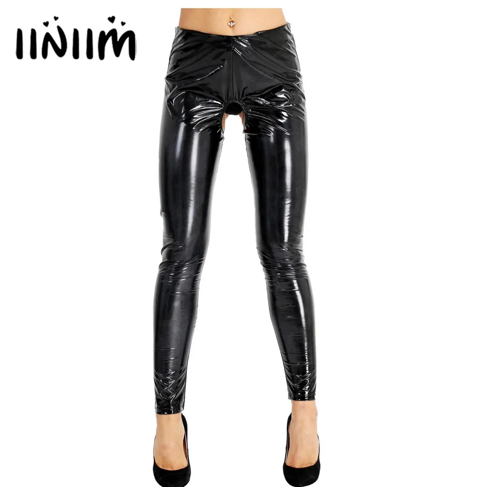 

Black Women Lingerie Wet Look Patent Leather Open Crotch and Open Butt Pants Skinny Stretchy Legging Clubwear Sexy Trousers
