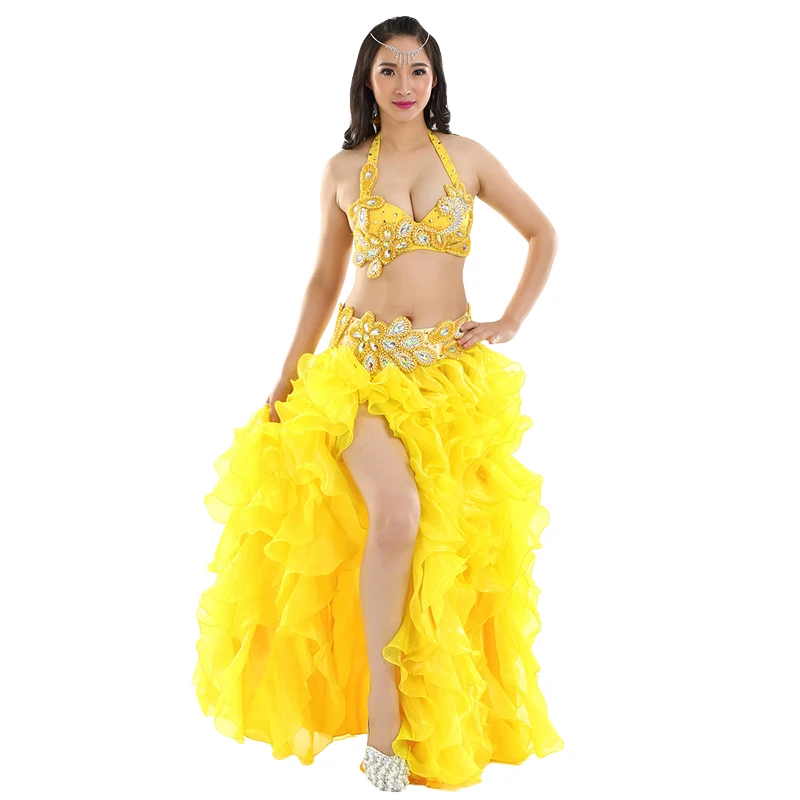 Yellow 3pcs Профессиональный костюм для восточных танцев 2шт/3 шт бюстгальтер пояс юбка взрослый танец живота представление костюмы Профессиональный танец живота - Цвет: Yellow 3pcs