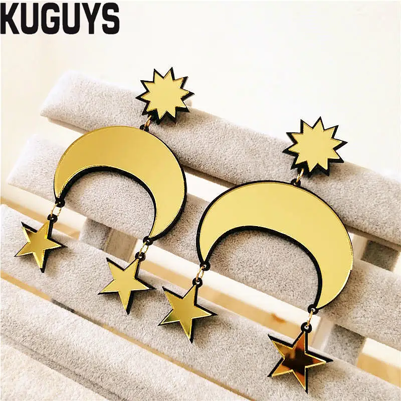 KUGUYS Acrylic Gold Mirror Drop Earrings for Women Sun Star Moon DJ DS Fashion Jewelry | Украшения и аксессуары