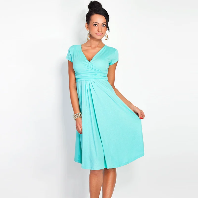 Женское эластичное платье туника с V образным вырезом коротким рукавом|Женские