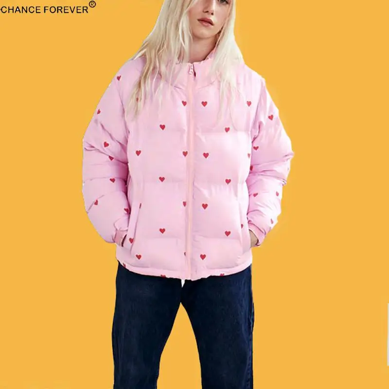 Lazy Oaf heart Warm Cotton Coat pink print Jaqueta Feminina Inverno Casaco Feminino Casacos Femininos | Женская одежда