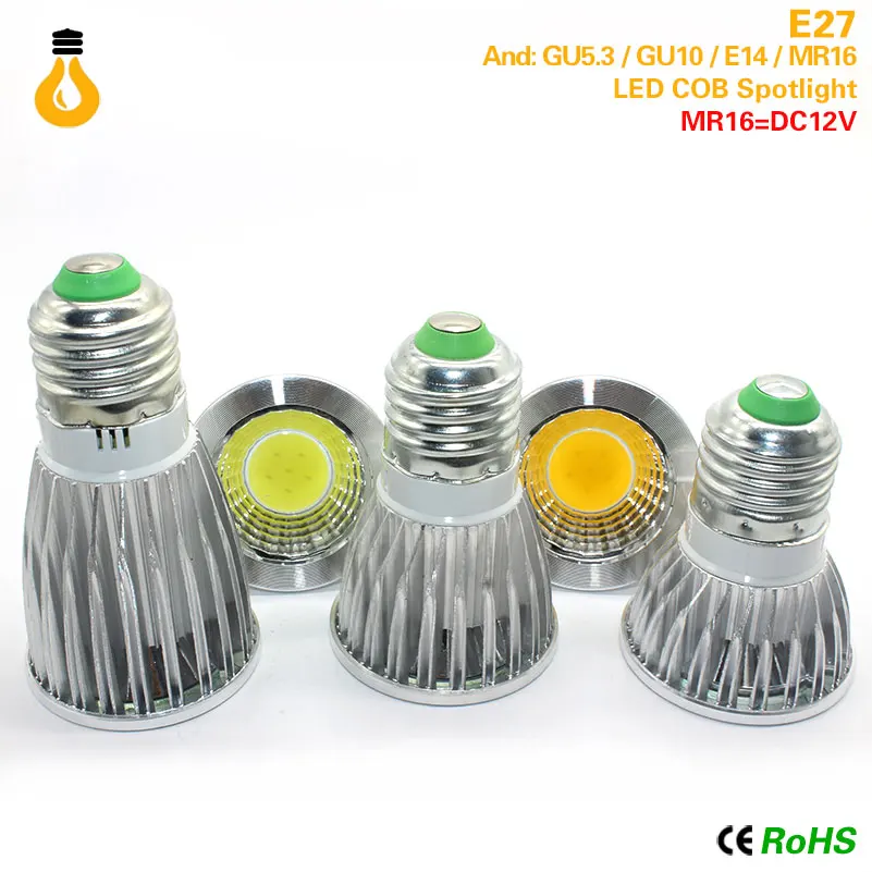 Bombilla de foco MR16 E27 E14 GU10 GU5.3 COB затемнения 7 ваттов 9 12 светодиодный alta potencia luz caliente/blanco