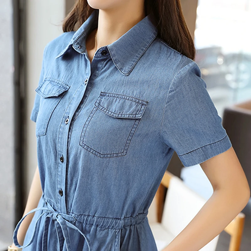 

summer Denim Cotton dress women 2019 new Casual Pockets Slim A-Line dress Solid color Long sleeve Turn-down Collar dress women